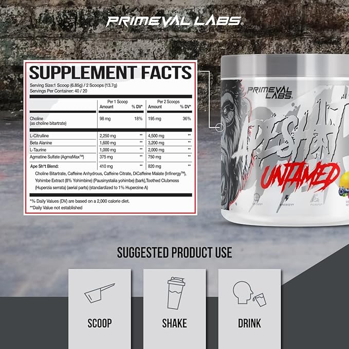 Primeval Labs Apesht Untamed Pre Workout Energy Drink Powder | Max Support for Pumps & Focus | Nitric Oxide Production Preworkout Energy with L-Citrulline, Beta Alanine, 40 Servings